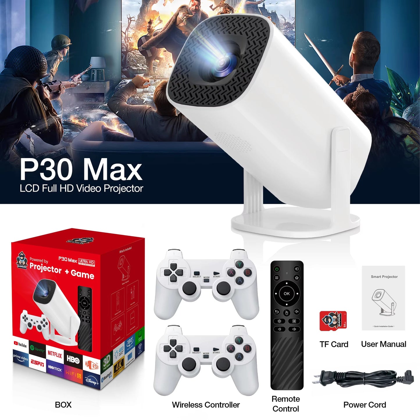 P30 Max Projector,Retro Video Game Consoles,Quad-Core 64 Bit ARM Cortex™-A53,1280*720P 150 ANSI, Android 11 Dual Wifi6 BT5.4