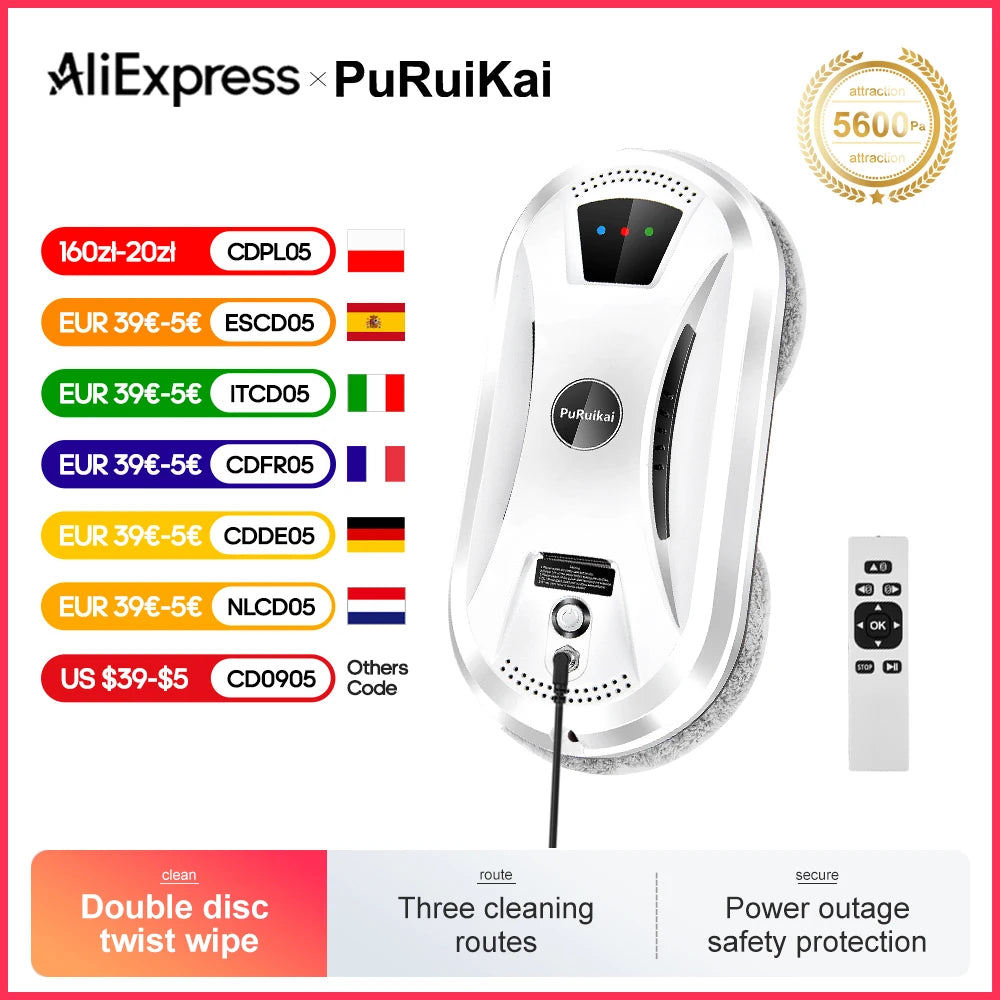 Puruikai-Robot De Limpieza De Ventanas Para El Hogar, Aspirador De Vidrio Inteligente, Máquina De Limpieza De Paredes De Vidrio Con Una Sola Tecla