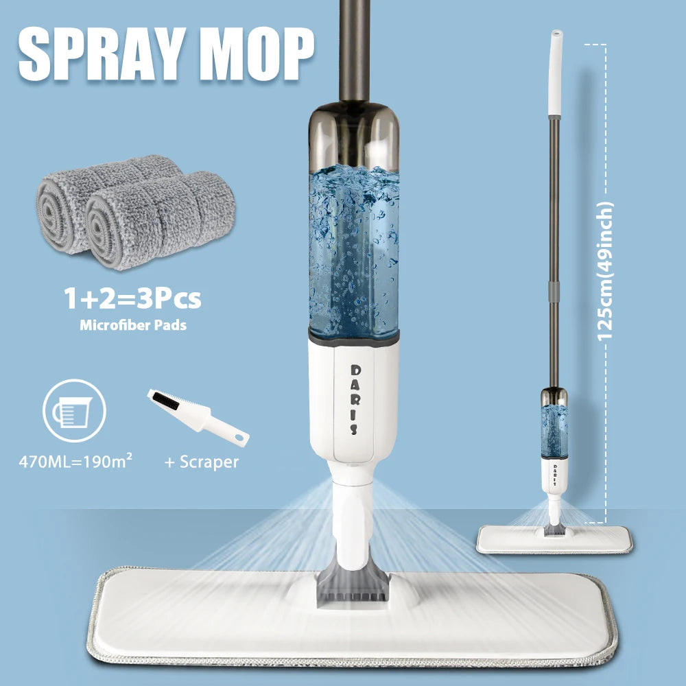 DARIS Spray Flat Mop with Reusable Microfibers Pads 360° Rotation Floor Cleaning Mop 500ML Big Capacity Square Triangle Bottle