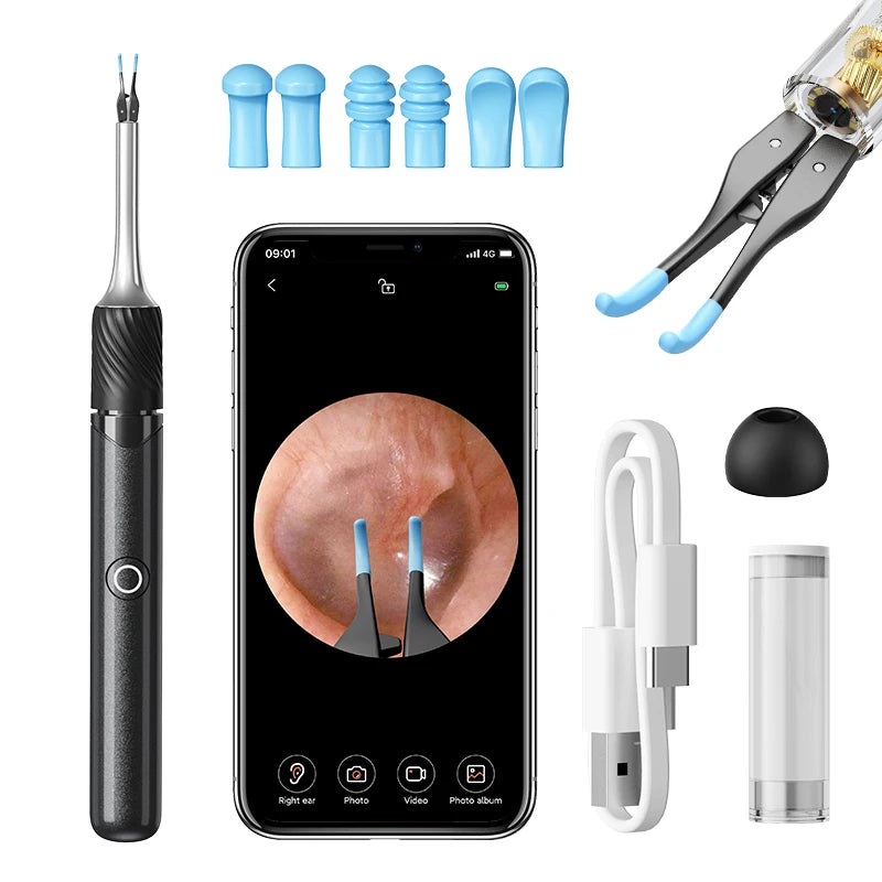 Limpiador Visual De Oídos Con Cámara, Herramienta De Eliminación De Cera De Oídos Con Recogedor Y Pinzas, 12 Megapíxeles, 6 Cucharas Para Los Oídos, Eliminación De Cera De Los Oídos, Cuidado De Los Oídos