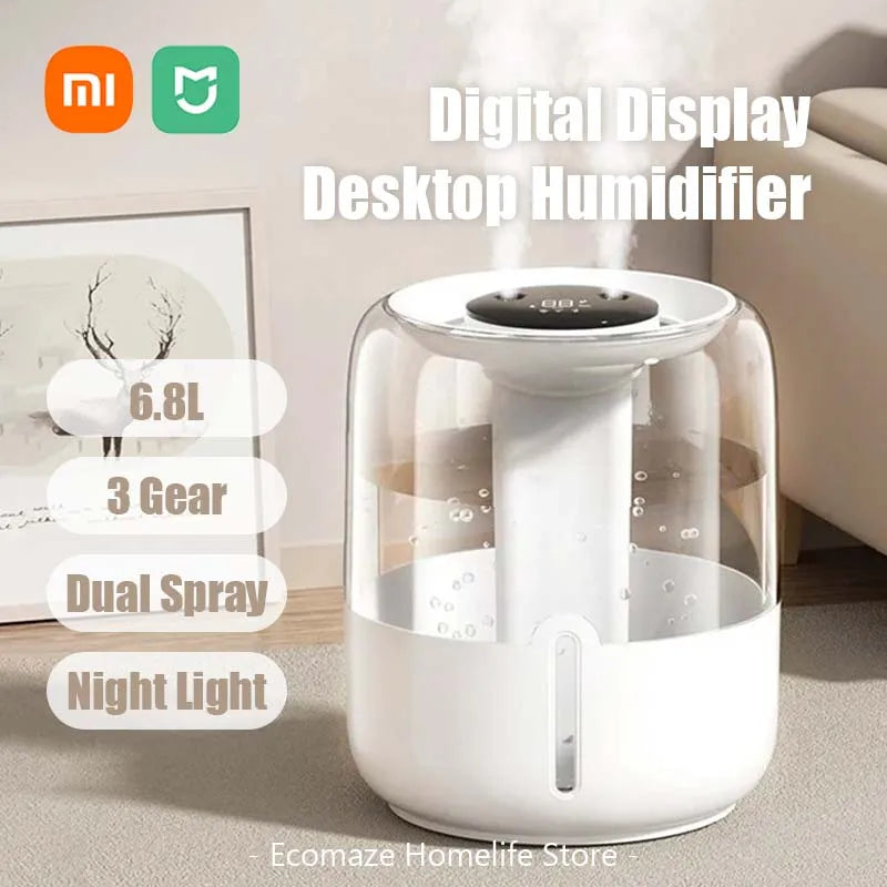 Xiaomi-Humidificador De Pulverización Dual, Pantalla Digital De 6800 ML, Luz Nocturna Silenciosa, USB, Purificación Antibacteria Para El Hogar Y La Oficina