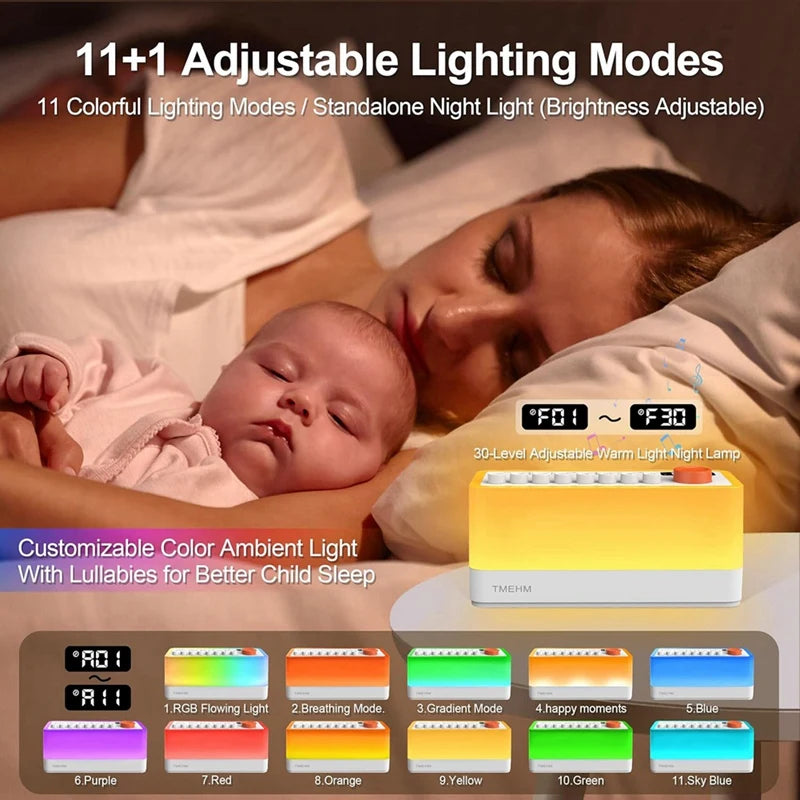 Abno-White Noise Sleep Sound Machine with 8 Nature Sounds, Portable Bluetooth Speaker, 12 Colors Night Lights