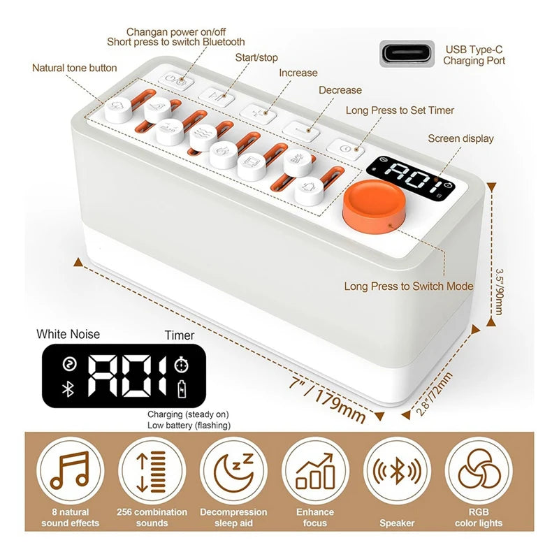 Abno-White Noise Sleep Sound Machine with 8 Nature Sounds, Portable Bluetooth Speaker, 12 Colors Night Lights