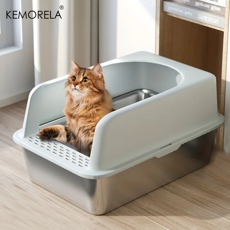 Caja De Arena De Acero Inoxidable XL 60/50CM Con Tapa, Caja De Arena Grande De Lado Alto, Adecuada Para Gatos Grandes Y Pequeños, No Absorbe El Olor