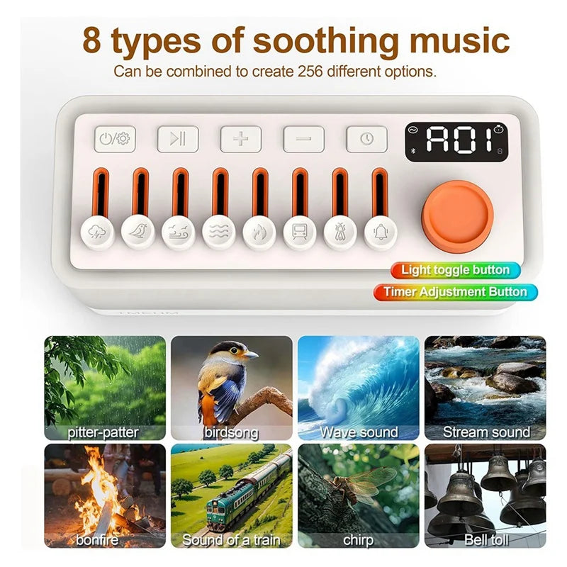 Abno-White Noise Sleep Sound Machine with 8 Nature Sounds, Portable Bluetooth Speaker, 12 Colors Night Lights