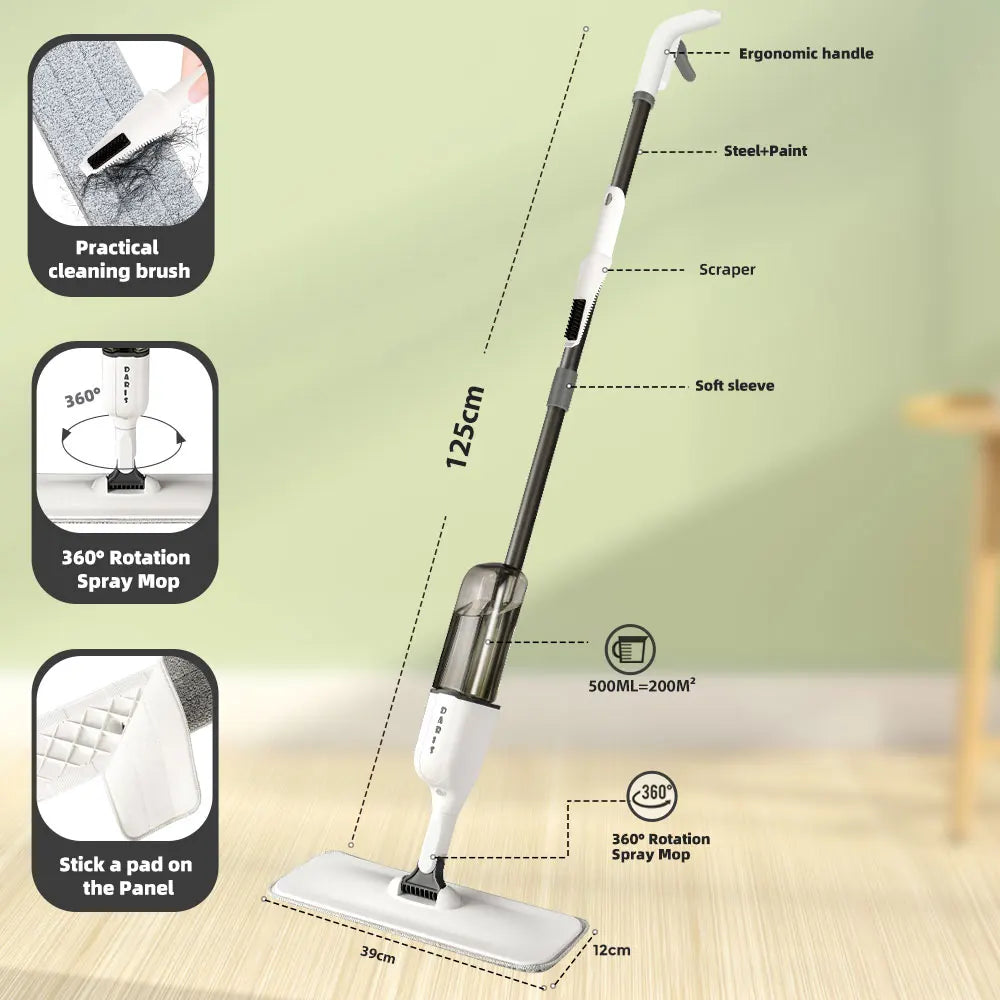 DARIS Spray Flat Mop with Reusable Microfibers Pads 360° Rotation Floor Cleaning Mop 500ML Big Capacity Square Triangle Bottle