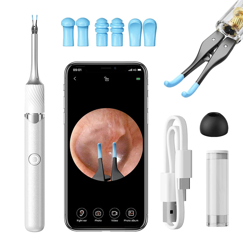 Limpiador Visual De Oídos Con Cámara, Herramienta De Eliminación De Cera De Oídos Con Recogedor Y Pinzas, 12 Megapíxeles, 6 Cucharas Para Los Oídos, Eliminación De Cera De Los Oídos, Cuidado De Los Oídos