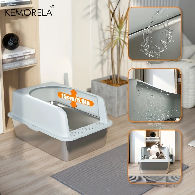 Caja De Arena De Acero Inoxidable XL 60/50CM Con Tapa, Caja De Arena Grande De Lado Alto, Adecuada Para Gatos Grandes Y Pequeños, No Absorbe El Olor