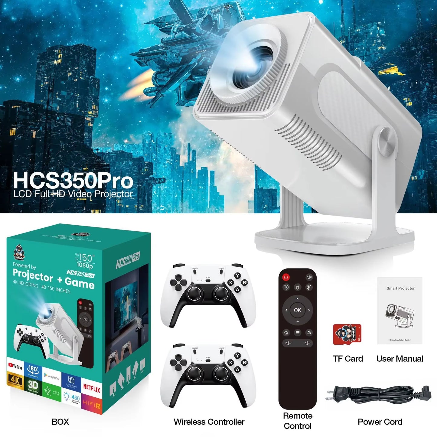HCS350 Pro Consolas De Juegos Proyector WIFI Portátil Inteligente Proyector Quad Core ARM Cortex-A53 Compatible Con GB PS1 PSP NES SFC Juegos