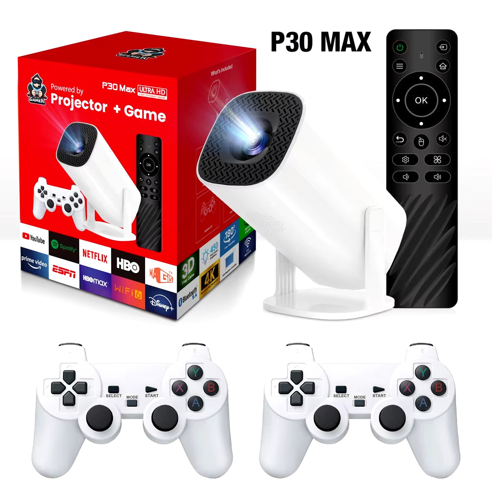 P30 Max Projector,Retro Video Game Consoles,Quad-Core 64 Bit ARM Cortex™-A53,1280*720P 150 ANSI, Android 11 Dual Wifi6 BT5.4
