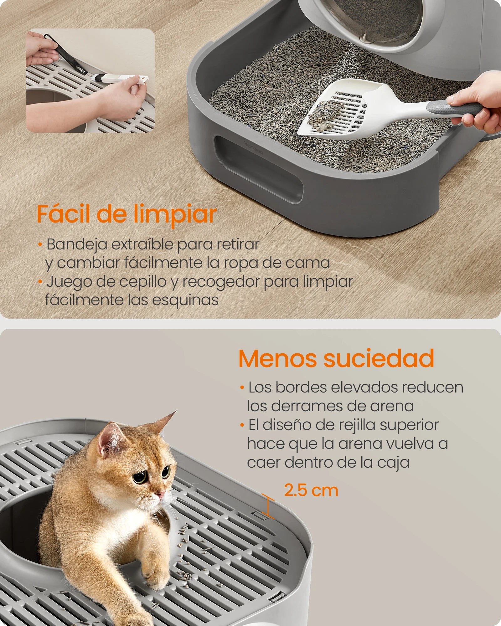 Feandrea Arenero Cerrado Para Gatos, Caja De Arena Para Gatos XXL, Con Tapa, Bandeja Extraíble, Recogedor, Cepillo, Gatos Grandes, Menos Rastro, Antipérdida, Gris Paloma Y Gris Pizarra /Avena Y Gris Cálido